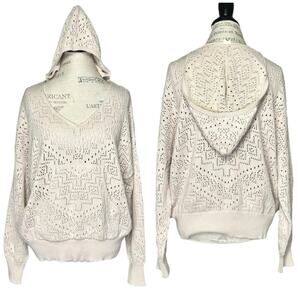 JS71 | Women | Pointelle Cotton Knit V-Neck Relaxed Hooded Sweater Top | Medium